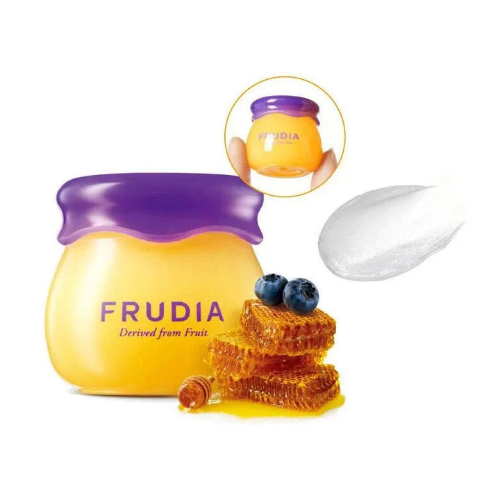 Frudia Blueberry Hydrating Honey Lip Balm jar with honeycomb and blueberries, Korean skincare product