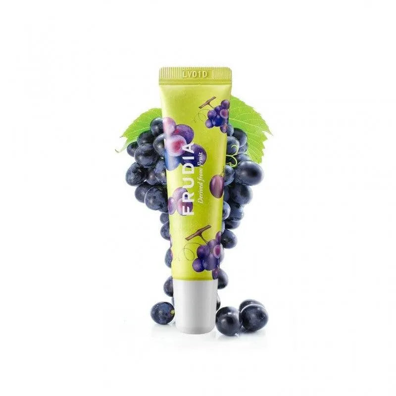Frudia Grape Honey Chu Lip Essence tube with grape and leaf accents, Korean skincare product.