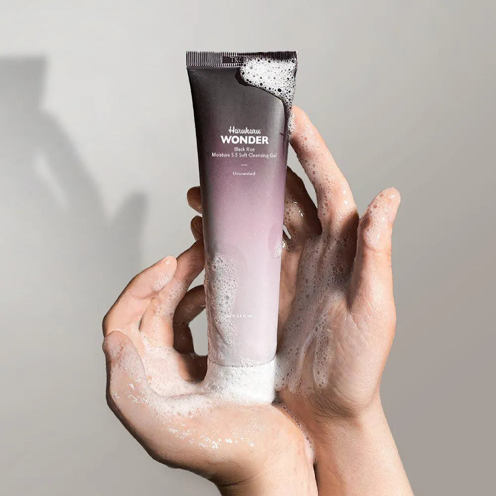Haruharu Wonder Black Rice Cleansing Gel foaming in hands, Korean skincare product
