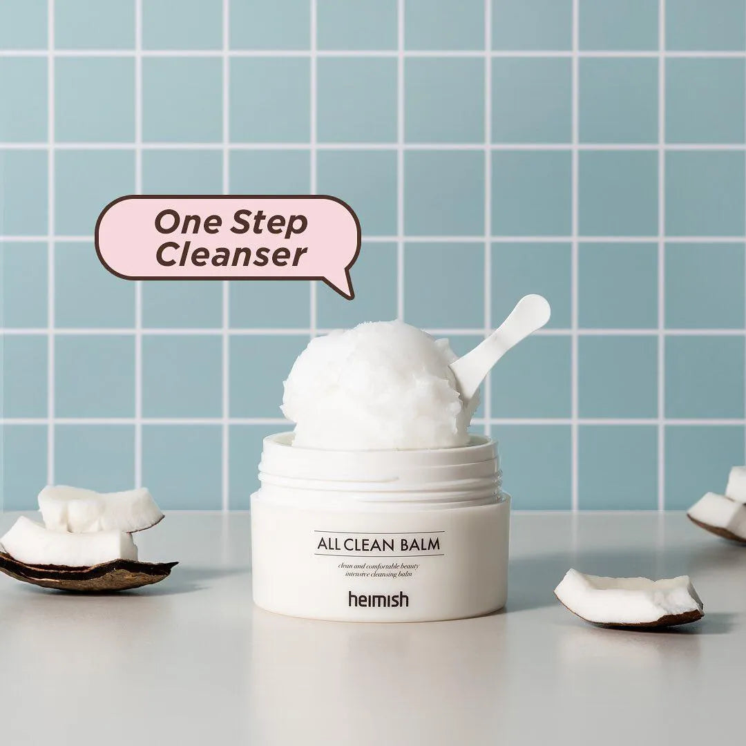 Heimish All Clean Balm Korean cleanser with coconut pieces on a tiled background at Me Time Groningen