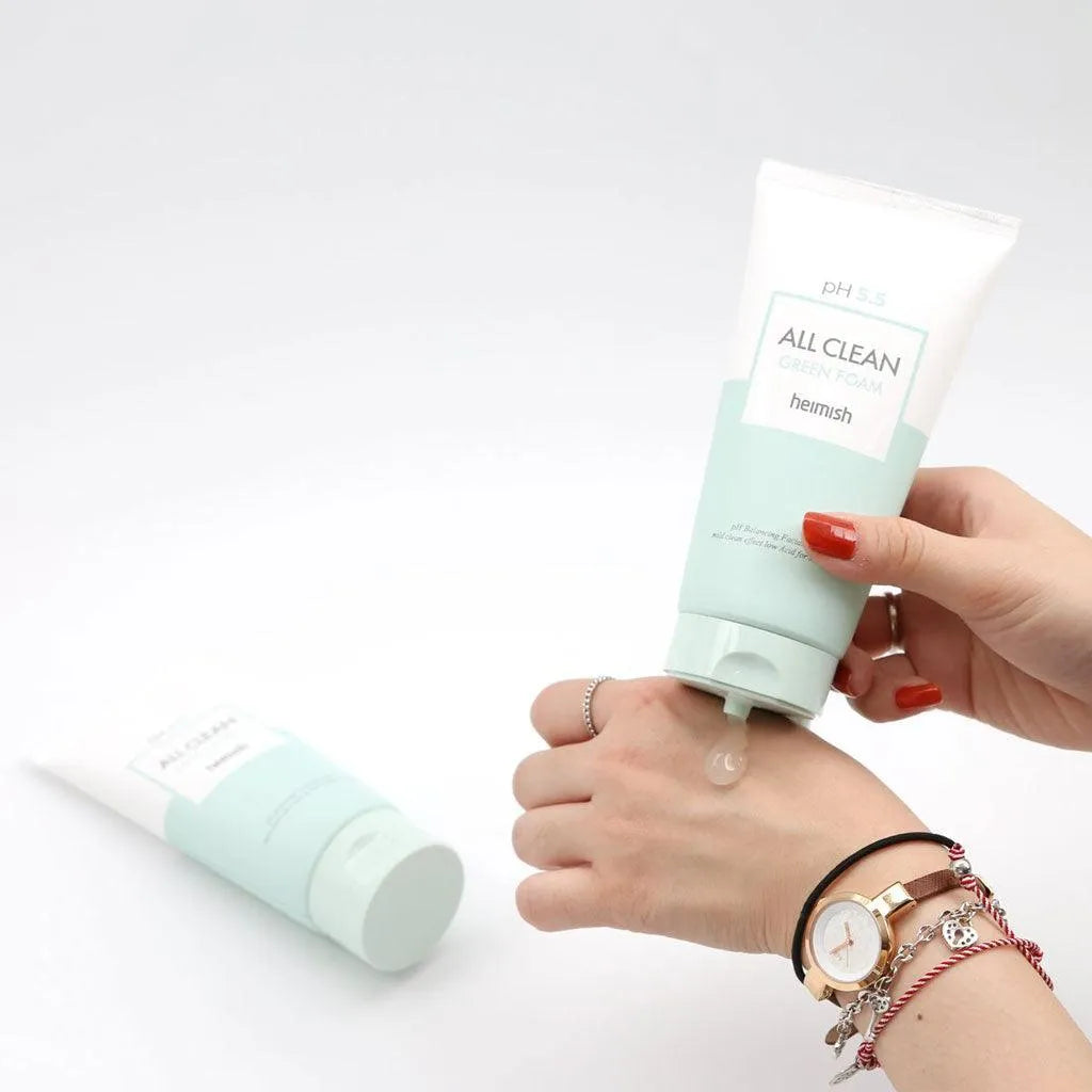 Heimish All Clean Green Foam Korean cleanser tube applied to hand, Me Time Groningen skincare