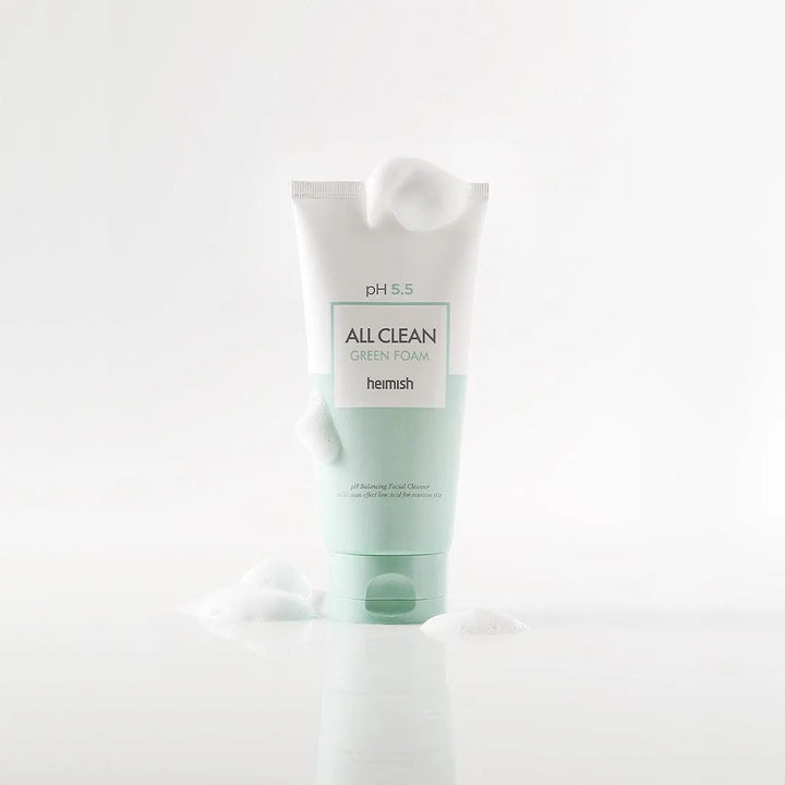 Heimish All Clean Green Foam cleanser with visible bubbles, Korean skincare product on white background