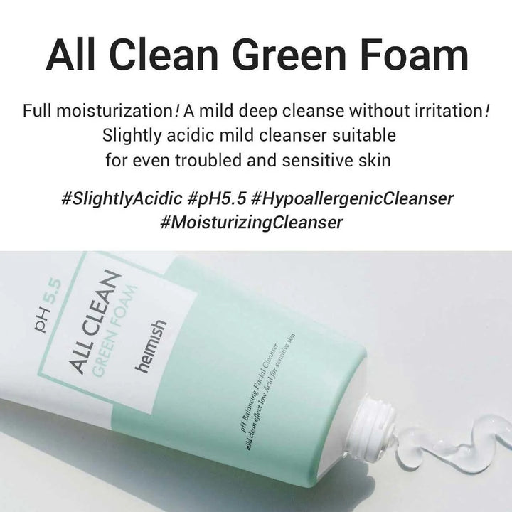 Heimish All Clean Green Foam Korean cleanser tube with product on a white surface, Me Time Groningen skincare.