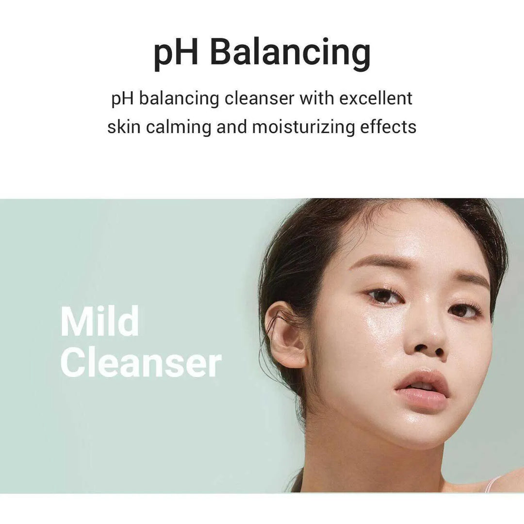 Korean skincare model with glowing skin promoting Heimish mild pH balancing cleanser, Me Time Groningen