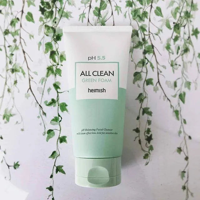 Heimish All Clean Green Foam cleanser on leafy background, Korean skincare at Me Time Groningen