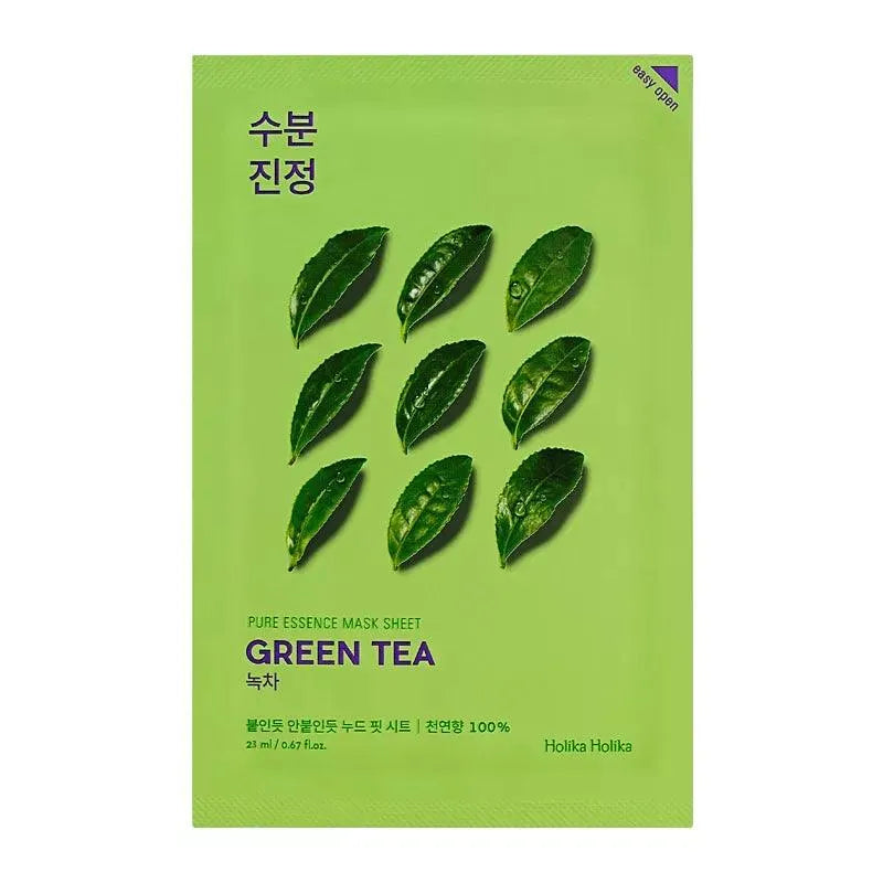 Holika Holika Pure Essence green tea sheet mask, Korean skincare product on green packaging