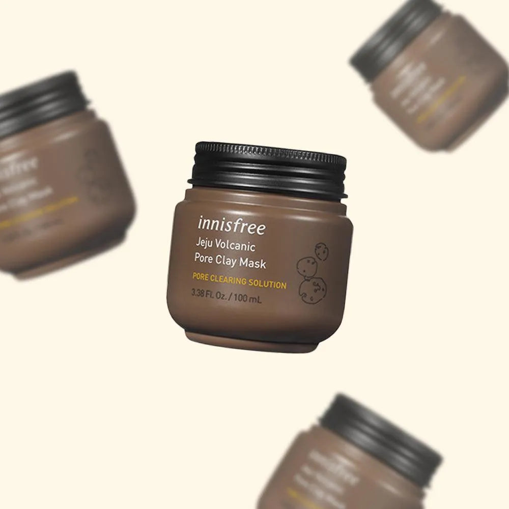 Innisfree Jeju Volcanic Pore Clay Mask Korean skincare jar on beige background at Me Time Groningen