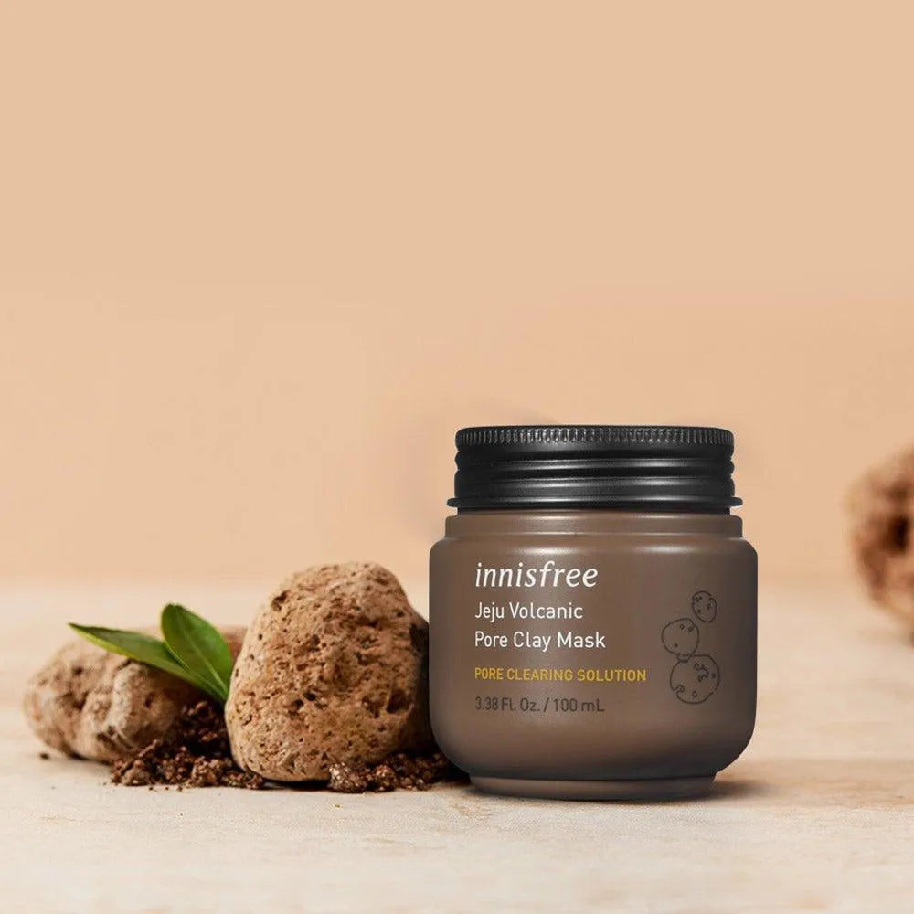 Innisfree Jeju Volcanic Pore Clay Mask jar with volcanic rocks and leaves, Korean skincare