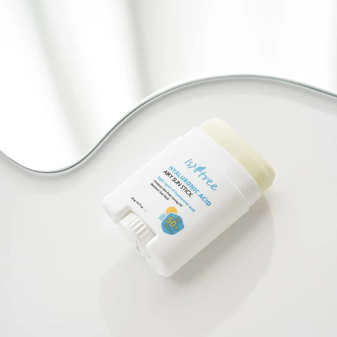 Isntree Hyaluronic Acid Airy Sun Stick SPF50 Korean skincare product on white surface, Me Time Groningen
