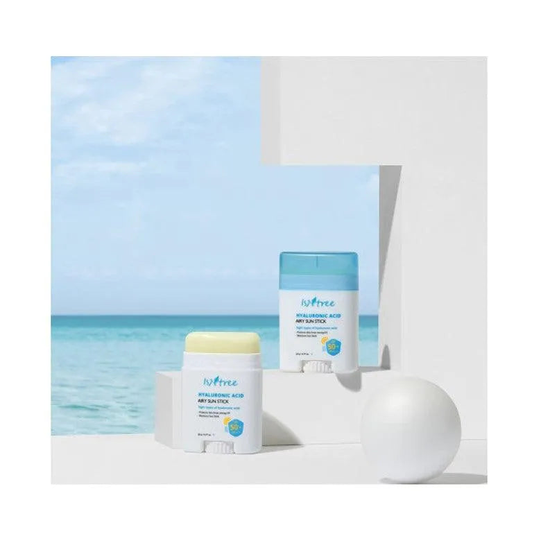 Isntree Hyaluronic Acid Airy Sun Stick SPF50 Korean sunscreen on white platform by the sea, Me Time Groningen