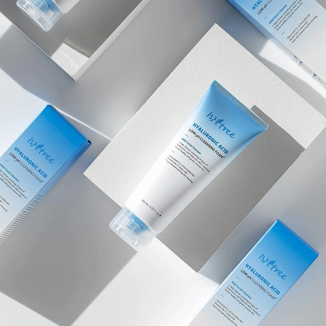 Isntree Hyaluronic Acid Low pH Cleansing Foam tube and box, Korean skincare product, bright flat lay