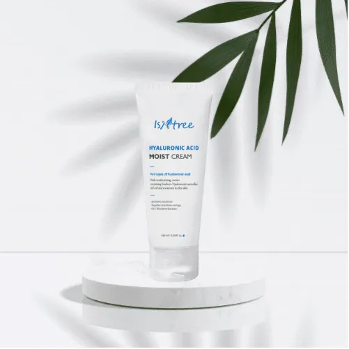 Isntree Hyaluronic Acid Moist Cream tube on white background with green leaf, Korean skincare Me Time Groningen