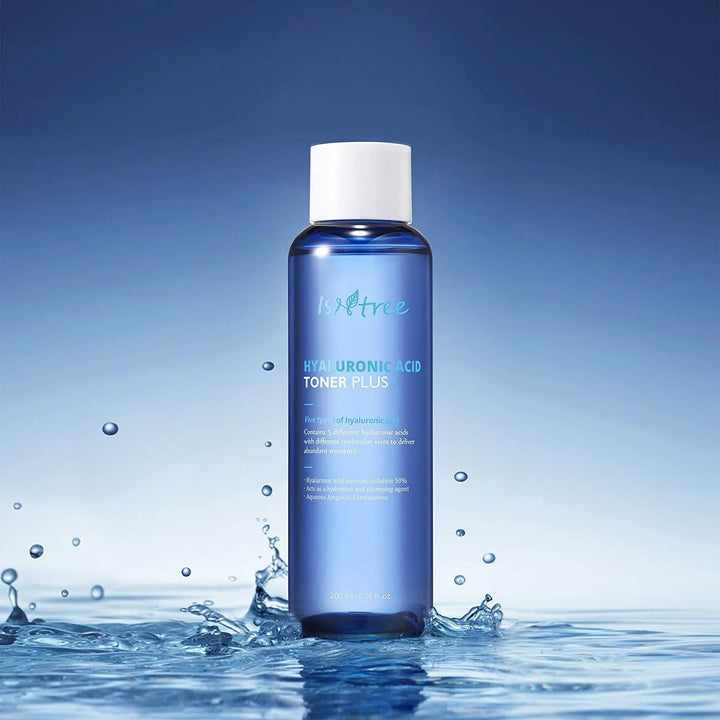 Isntree Hyaluronic Acid Toner Plus bottle standing in splashing water, Korean skincare product