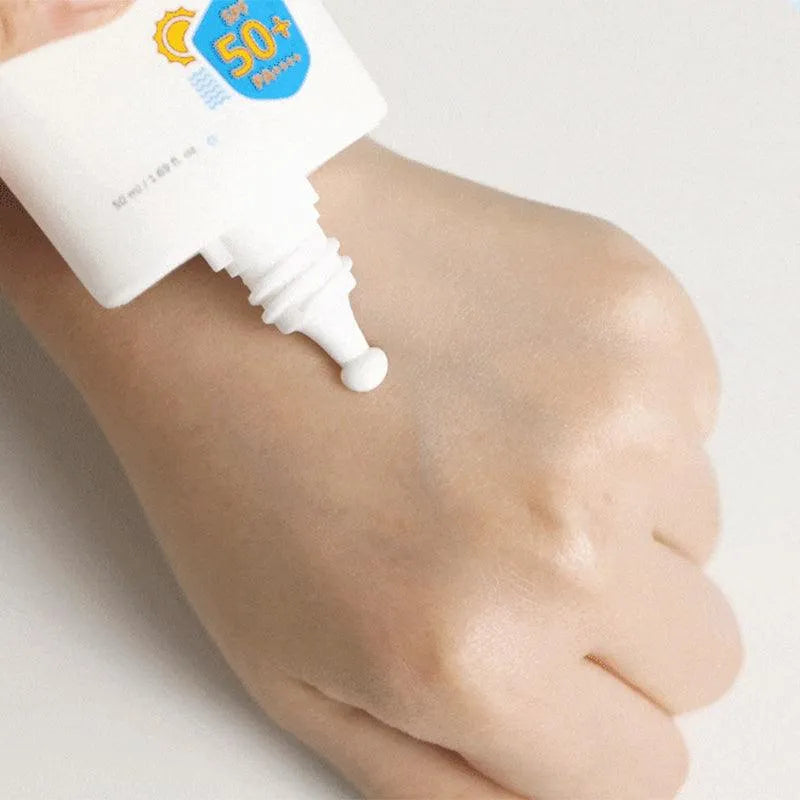 Isntree Hyaluronic Acid Watery Sun Gel SPF 50+ cream dispensed on hand, Korean skincare