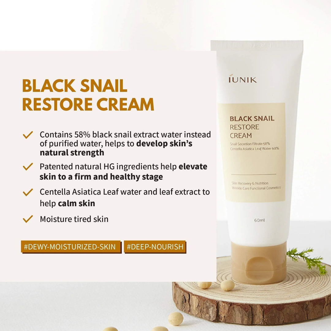 iUNIK Black Snail Restore Cream tube with product benefits, Korean skincare at Me Time Groningen