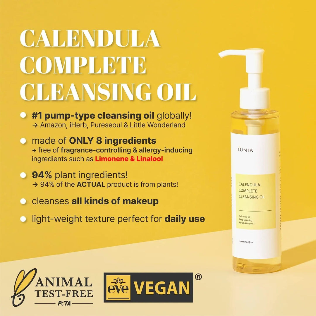 iUNIK Calendula Complete Cleansing Oil bottle on yellow background, vegan and cruelty-free Korean skincare at Me Time Groningen