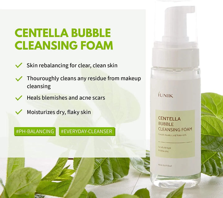iUNIK Centella Bubble Cleansing Foam bottle with product benefits, Korean skincare at Me Time Groningen