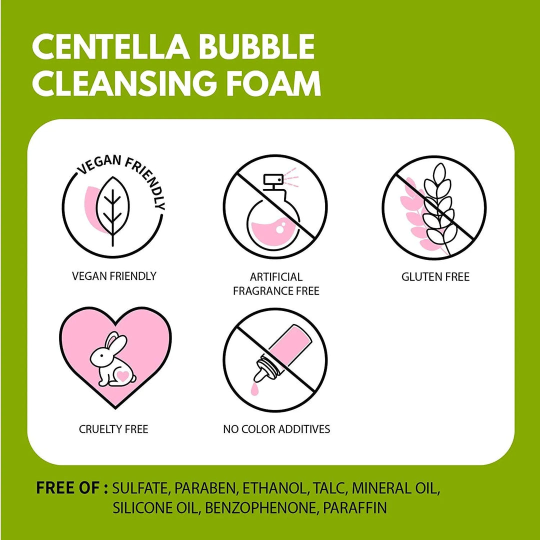 Centella Bubble Cleansing Foam features vegan, cruelty free, gluten free, fragrance free, no color additives skincare icons, Korean skincare Nederland Me Time Groningen.