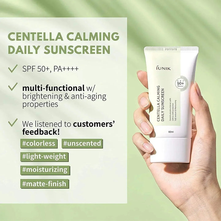 Hand holding iUNIK Centella Calming Daily Sunscreen SPF 50+, Korean skincare at Me Time Groningen