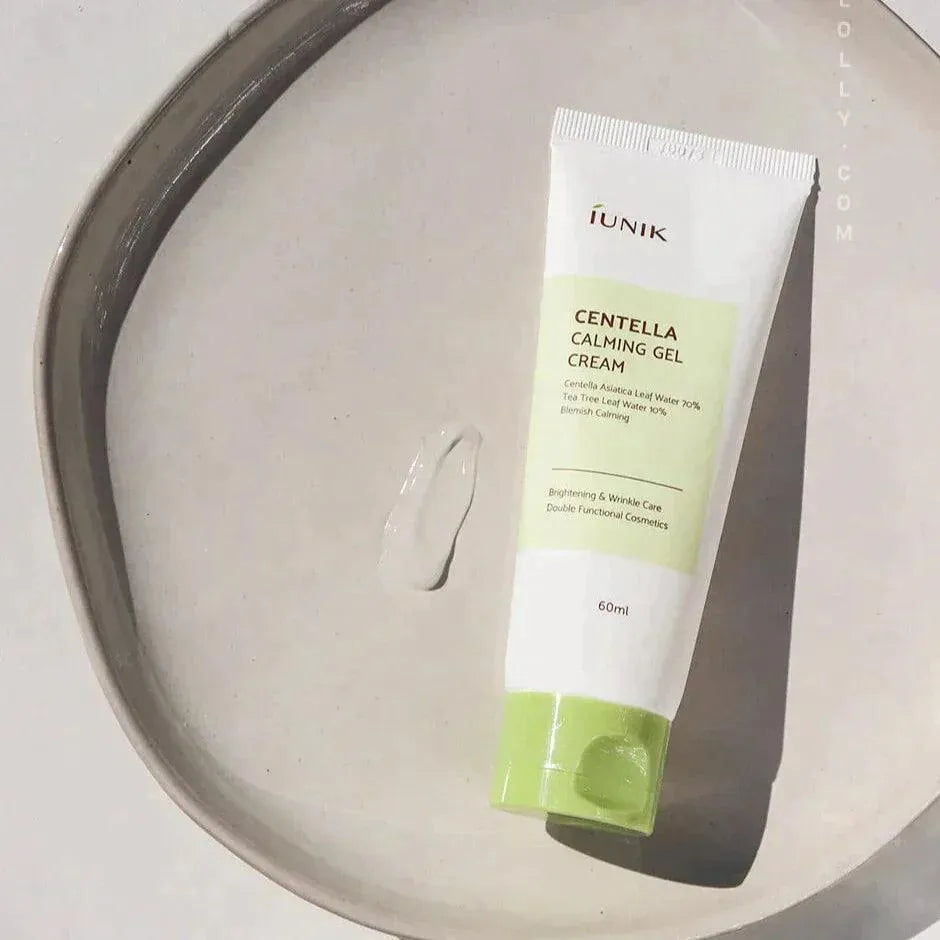 iUNIK Centella Calming Gel Cream tube on a dish, Korean skincare at Me Time Groningen