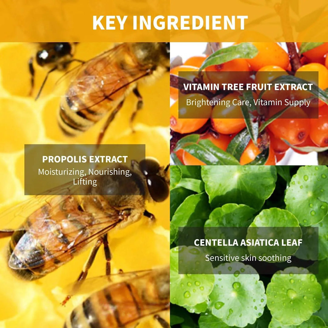 iUNIK Propolis Vitamin Sleeping Mask key ingredients: bees on honeycomb, sea buckthorn berries, centella asiatica leaves, for moisturizing, brightening, soothing, shown for Me Time Groningen Korean skincare.
