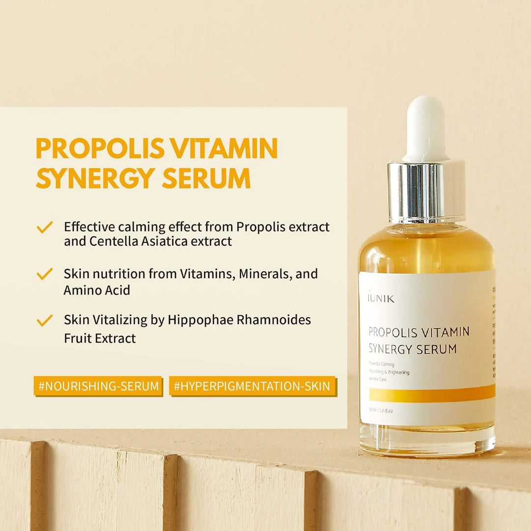 iUNIK Propolis Vitamin Synergy Serum bottle on beige background with product benefits, Korean skincare Me Time Groningen