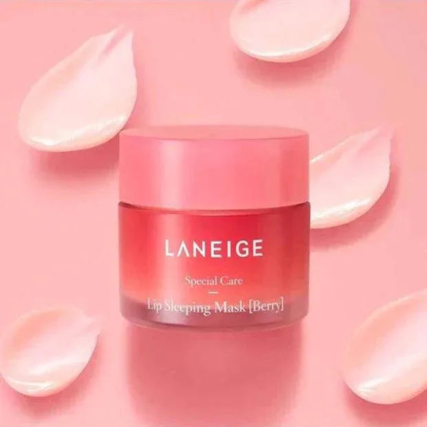Laneige Lip Sleeping Mask Berry Korean skincare product on pink background with petal accents