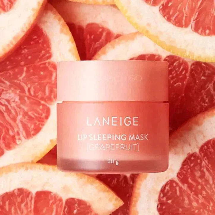 Laneige Grapefruit Lip Sleeping Mask jar on sliced grapefruit, Korean skincare product