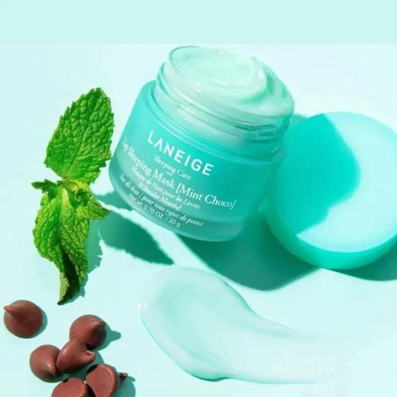 Laneige Lip Sleeping Mask Mint Choco on light background with mint leaves and chocolate chips, Korean skincare Me Time Groningen