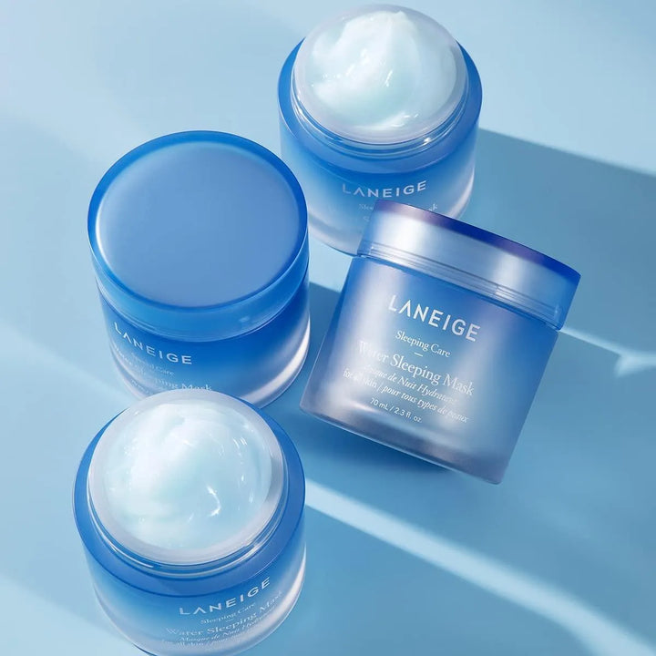 Laneige Water Sleeping Mask jars with blue lids on a light blue background, Korean skincare product at Me Time Groningen