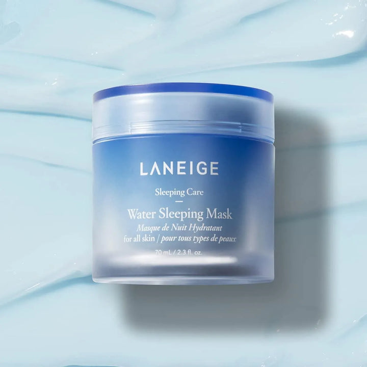 Laneige Water Sleeping Mask jar on light blue background, Korean skincare at Me Time Groningen
