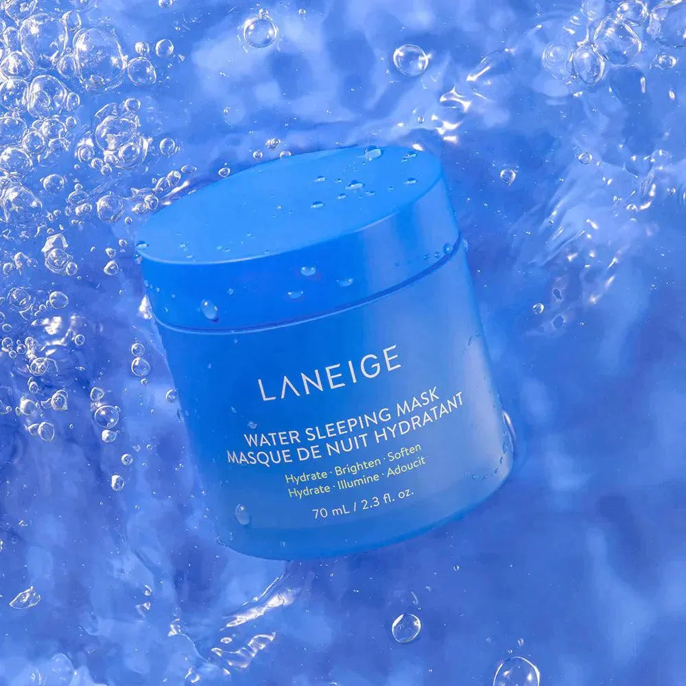 Laneige Water Sleeping Mask on blue water with bubbles, Korean skincare at Me Time Groningen