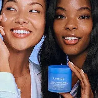 Two women smiling, holding Laneige Water Sleeping Mask, Korean skincare at Me Time Groningen