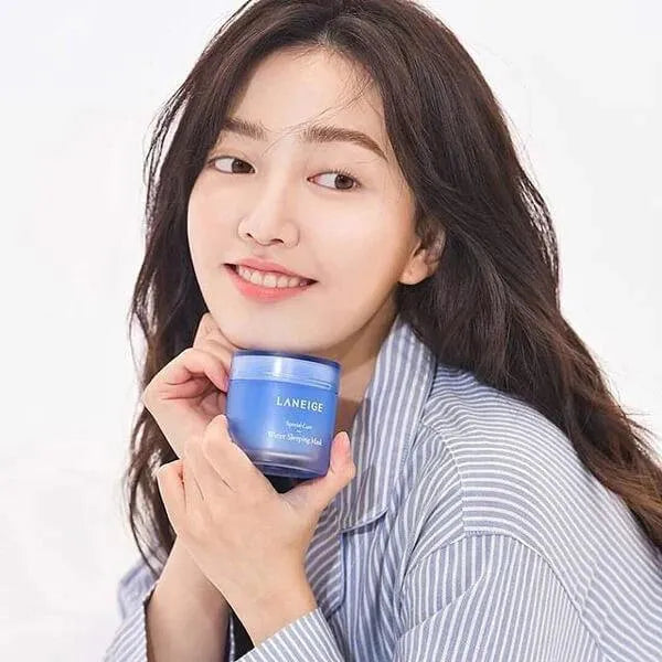 Woman holding Laneige Water Sleeping Mask, Korean skincare product at Me Time Groningen