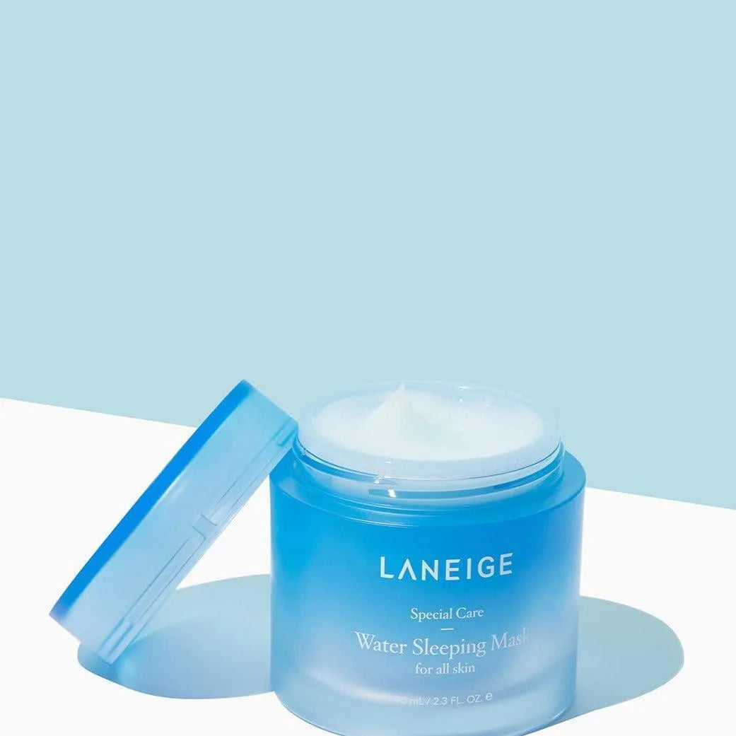 Laneige Water Sleeping Mask Korean skincare jar open on light blue background at Me Time Groningen