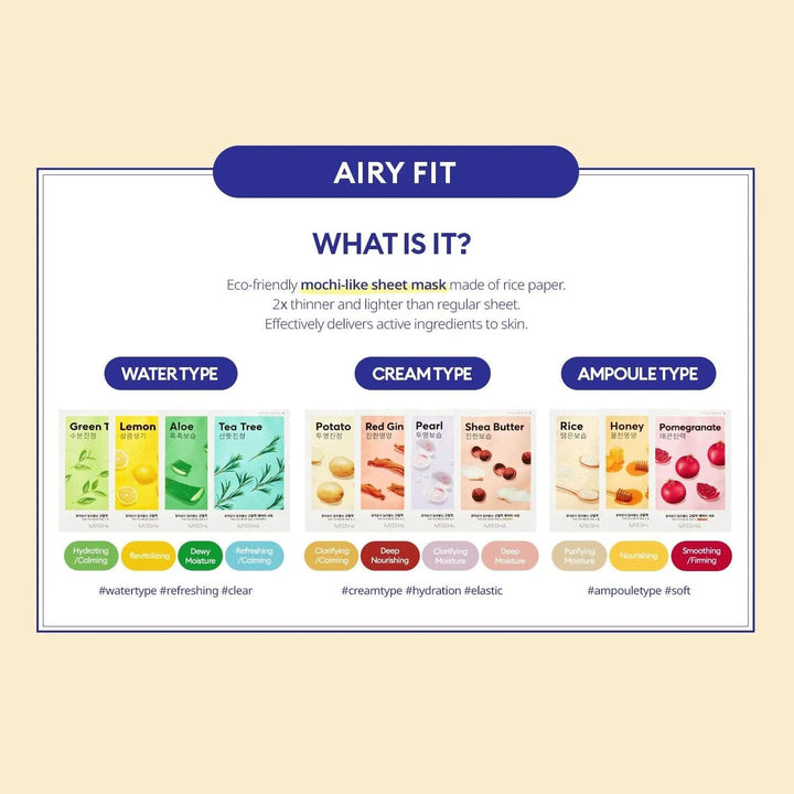 MISSHA Airy Fit sheet mask range infographic, Korean skincare at Me Time Groningen.