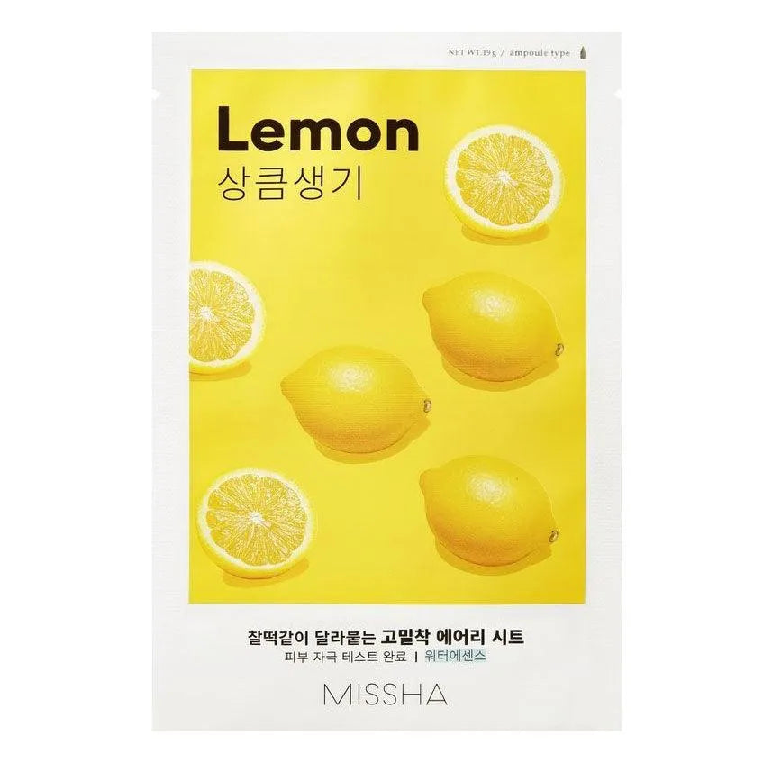 Missha Airy Fit Sheet Mask Lemon Korean skincare product with bright yellow lemons on packaging