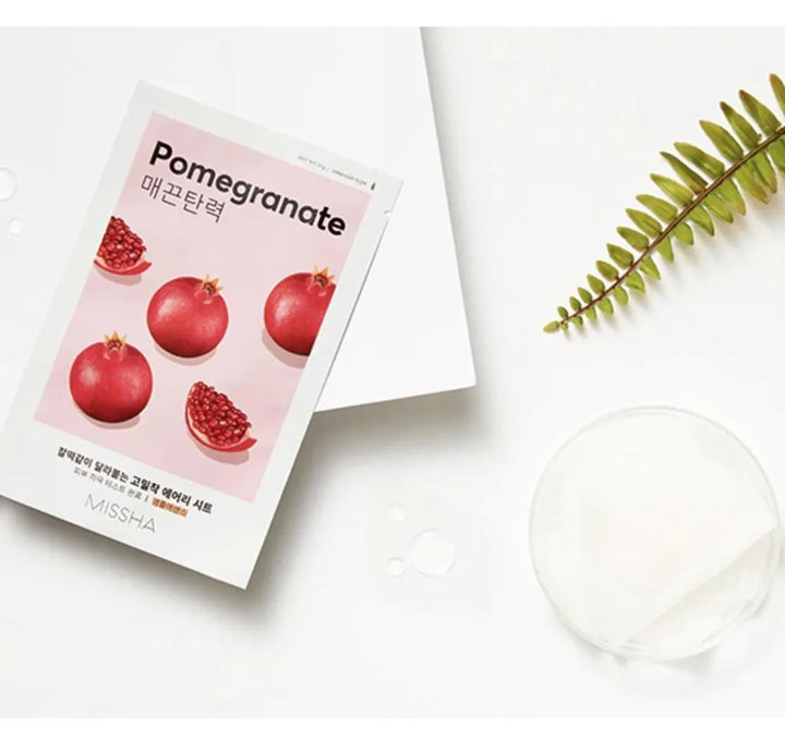 MISSHA Airy Fit Sheet Mask Pomegranate on white background with leaf, Korean skincare Nederland
