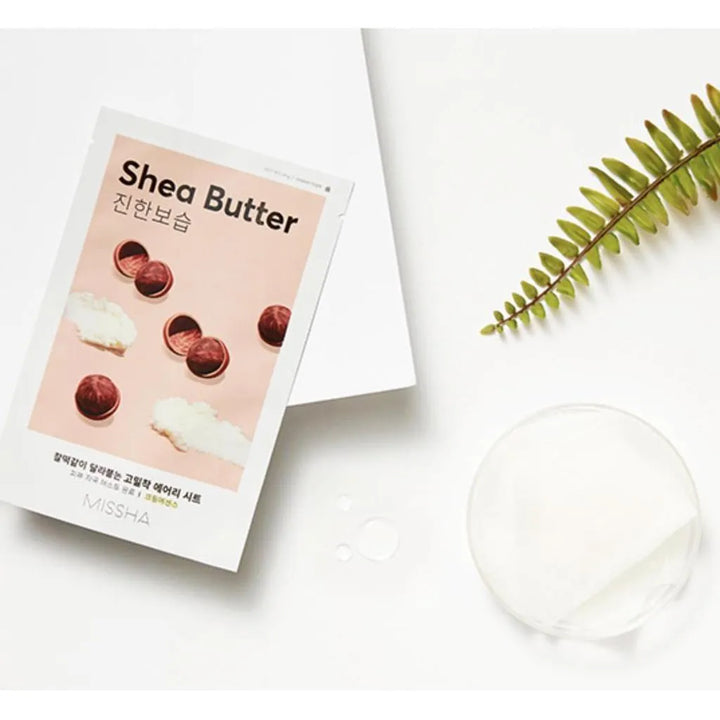 MISSHA Airy Fit Shea Butter sheet mask on white background with leaf, Korean skincare product