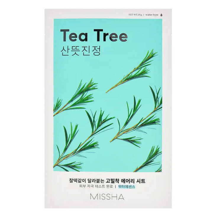 MISSHA Airy Fit Sheet Mask Tea Tree for Korean skincare, green tea tree branches on blue, Me Time Groningen
