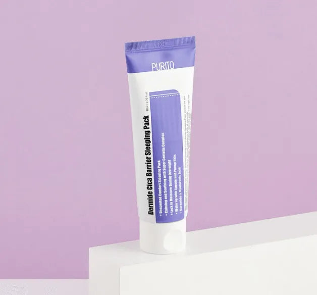 Purito Dermide Cica Barrier Sleeping Pack Korean skincare tube on a pastel purple background
