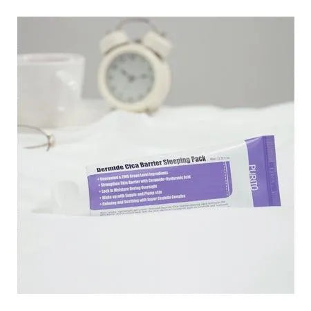 Purito Dermide Cica Barrier Sleeping Pack on white bedding with clock, Korean skincare Nederland