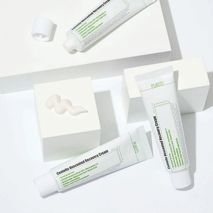 Purito Centella Unscented Recovery Cream tubes on white blocks, Korean skincare Me Time Groningen
