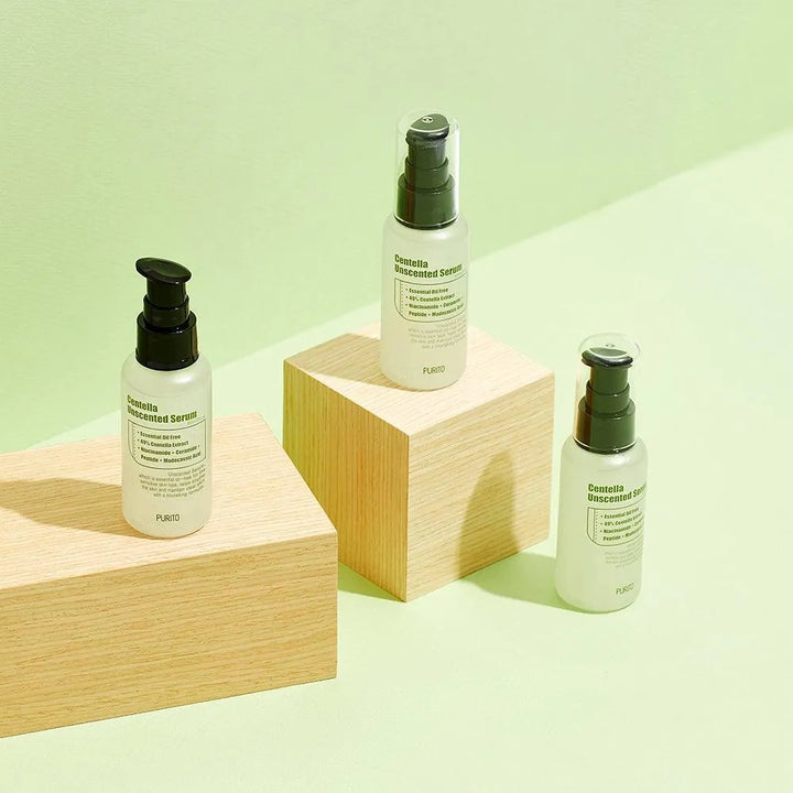 Three Purito Centella Unscented Serum bottles on wooden blocks, Korean skincare at Me Time Groningen