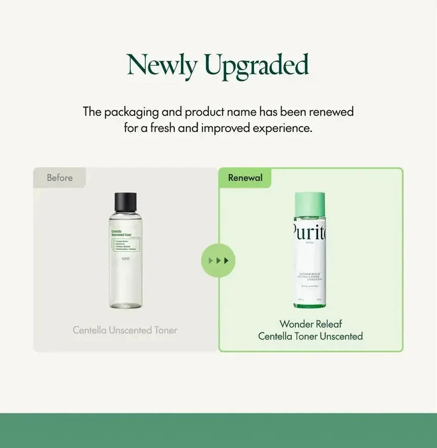Purito Wonder Releaf Centella Toner Unscented new packaging next to old Centella Unscented Toner bottle, Korean skincare Me Time Groningen.