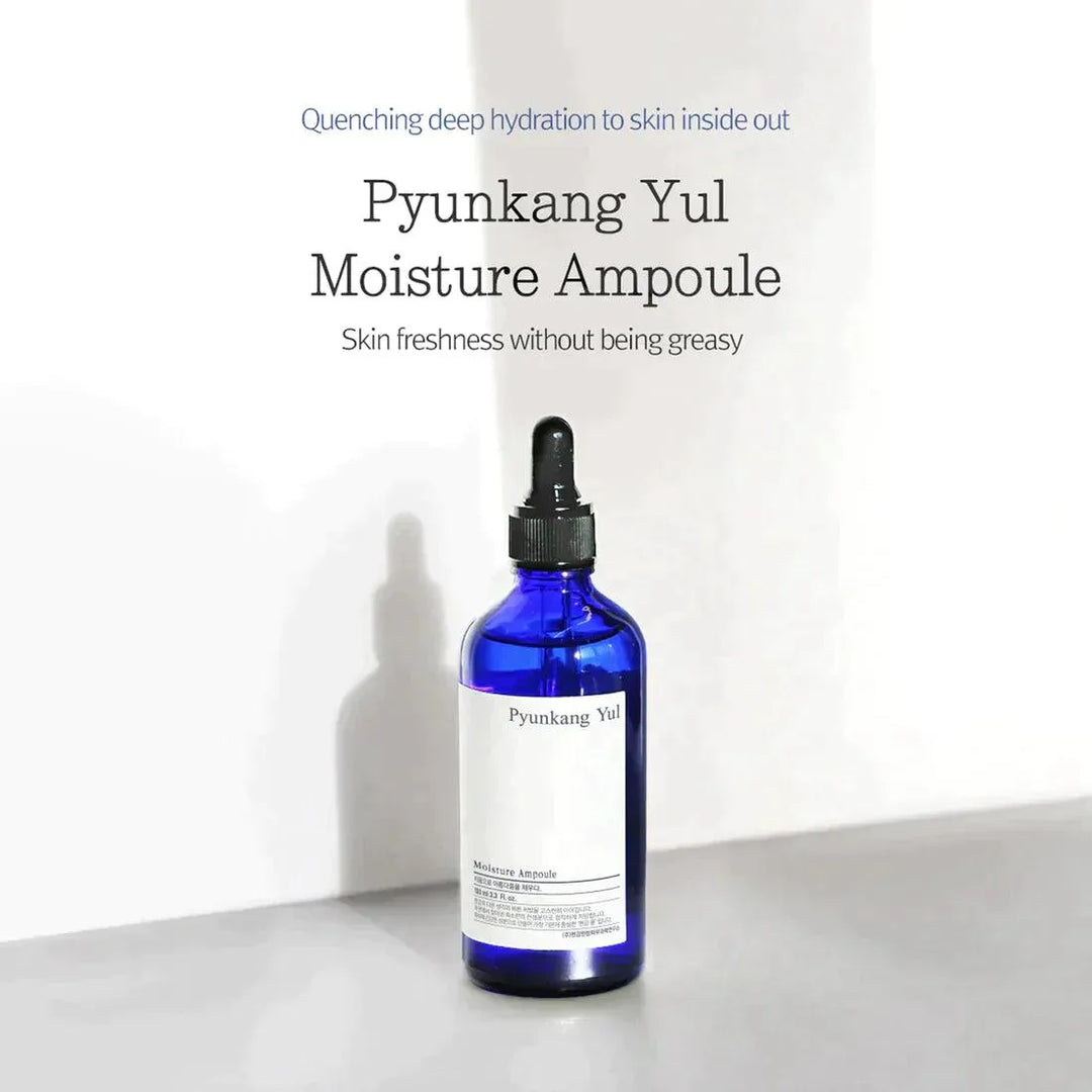 Pyunkang Yul Moisture Ampoule blue dropper bottle on white background, Korean skincare Nederland product at Me Time Groningen