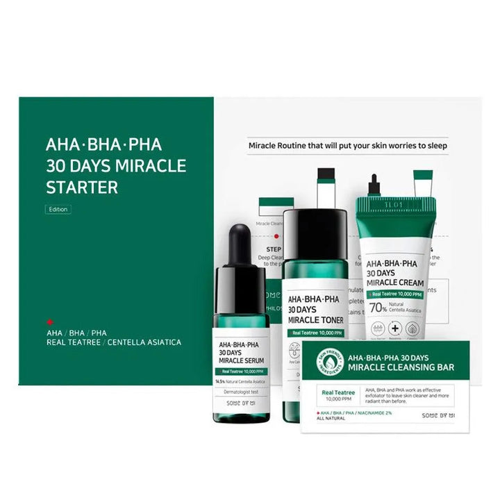 Some By Mi AHA BHA PHA 30 Days Miracle Starter Set with toner, serum, cream, and cleansing bar from Me Time Groningen, Korean skincare Nederland.