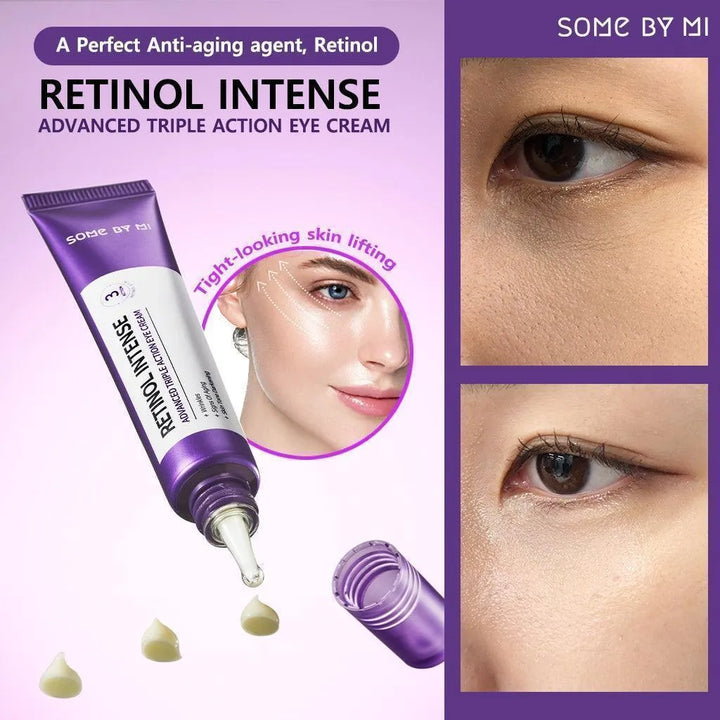 SOME BY MI Retinol Intense advanced triple action eye cream tube with texture, close-up eye results, Korean skincare at Me Time Groningen.