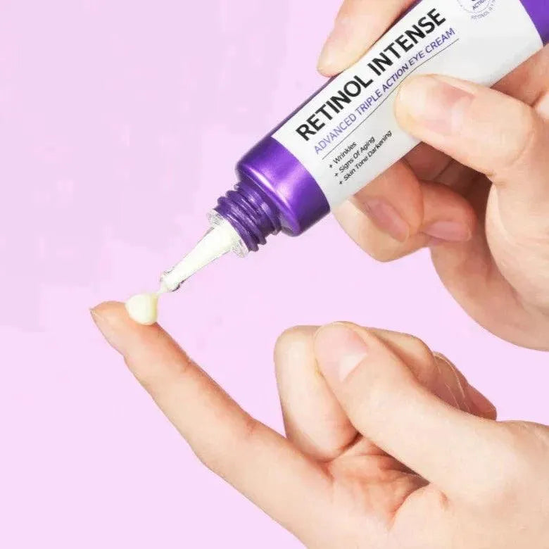 Applying Some By Mi Retinol Intense Eye Cream, Korean skincare product, on finger