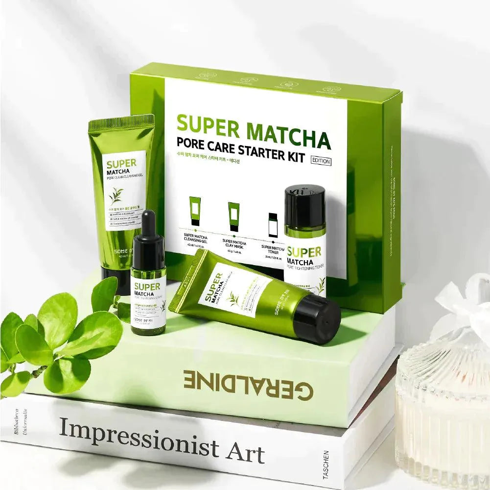 Some By Mi Super Matcha Pore Care Starter Kit Korean skincare products on white books